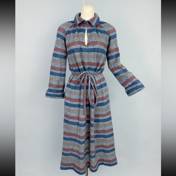 VTG Missoni 70s 80s wool stripe collared maxi dress 42 medium POCKETS - Picture 2 of 16